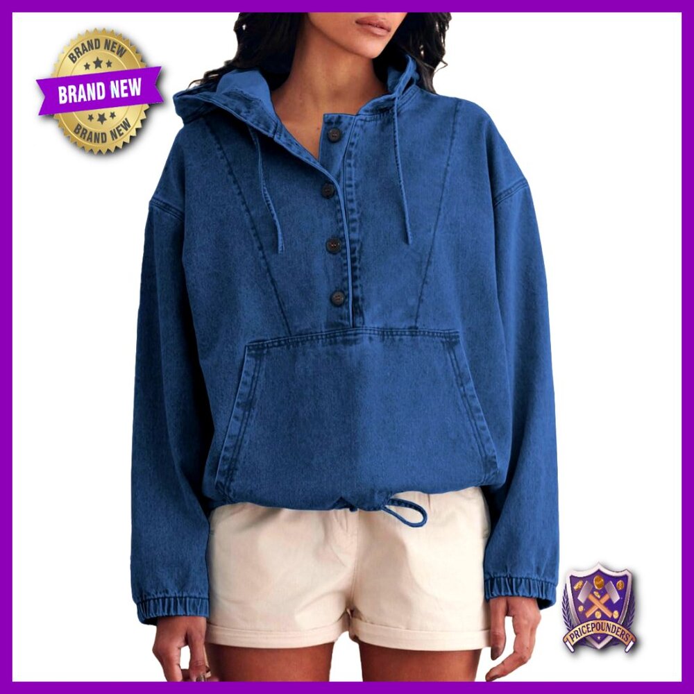 Denim Hoodie Button Down Pullover Jacket Jean Sweatshirt Tops Y2k Chic